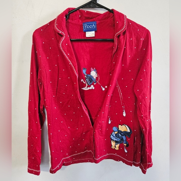 Winnie the Pooh Women's Pajama PJ Set Top & Pant RARE Medium red snow ball fight - Picture 1 of 16